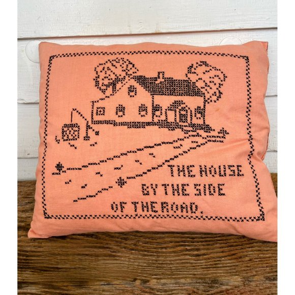 Vintage 1930s Feather Pillow Cross Stitched "the House by the Side Of the Road" - Picture 14 of 14